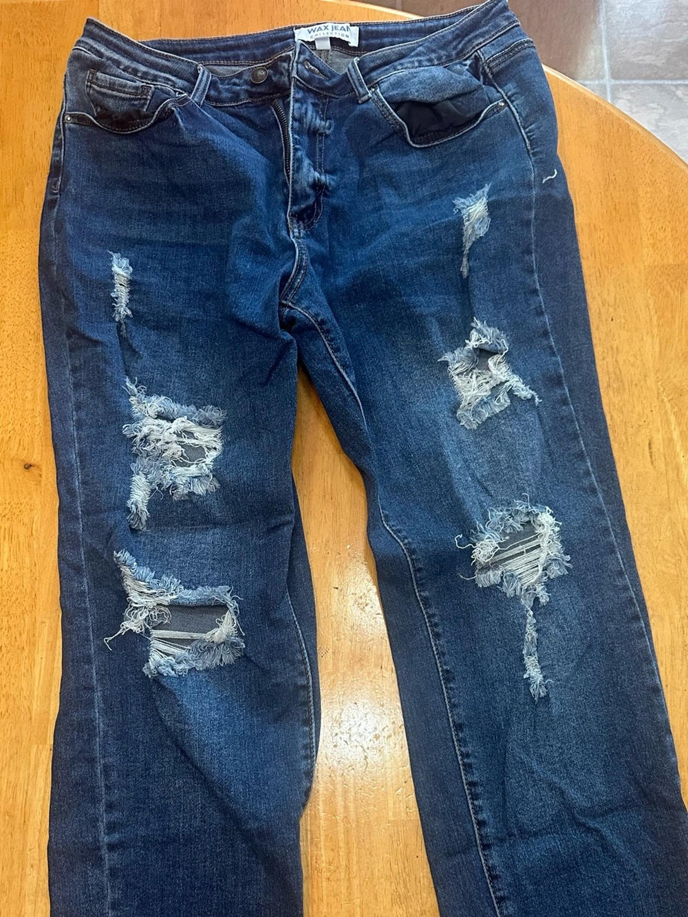 Wax Jean Dark Blue Distressed Straight Mom Jeans